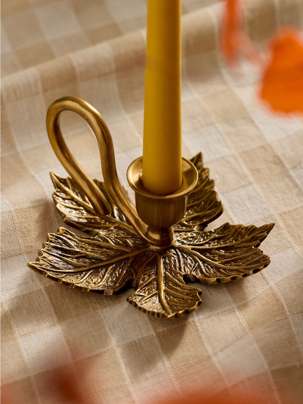 Anthropologie Gold Leaf Taper Candle Holder with Handle